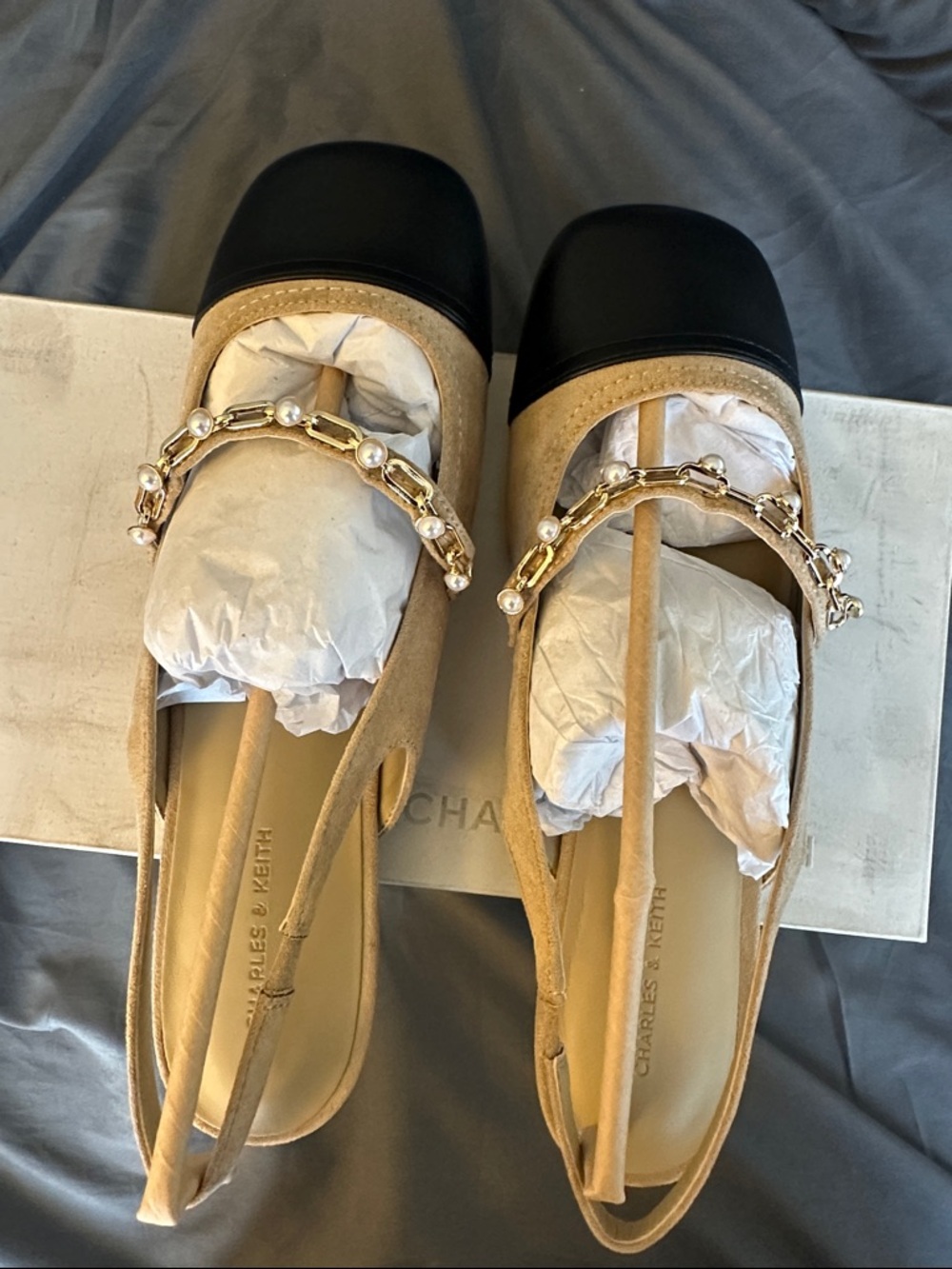 Charles & Keith Two-Tone Beige and Black Pearl-Chain Slingback Flats - size 10